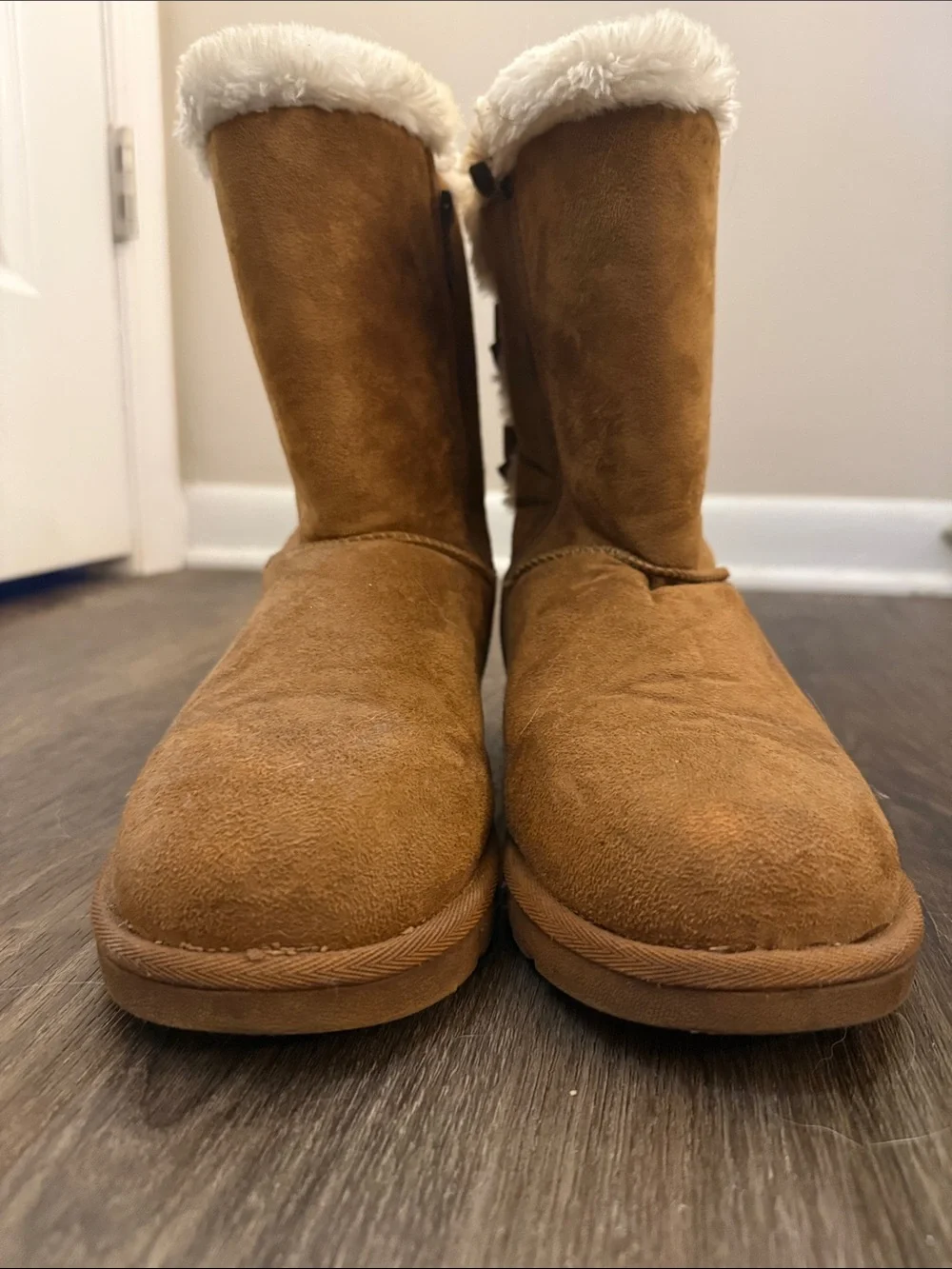 Brown Faux-Suede Winter Boots with Sherpa Trim